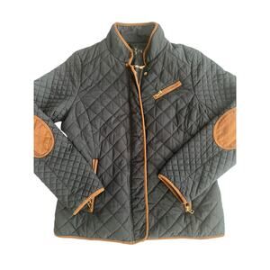 VAVITE Quilted Jacket Women Navy Brown Suede Trim Elbow Patches Equestrian